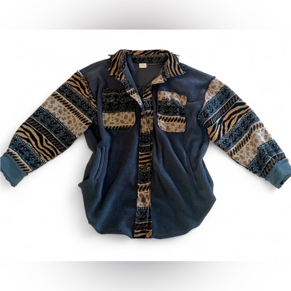 Animal Print Cheetah Sweater Fleece Jacket Button Up Safari Retro Pockets, L